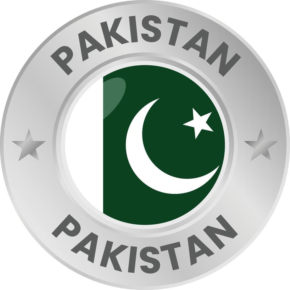 Pakistan flag in silver colored medal. National flag in metal circle emblem. vector