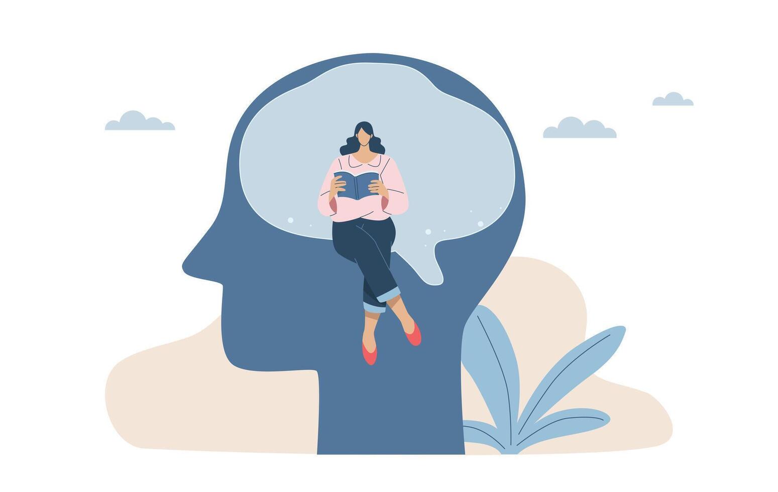 Brain potential development, Thinking development, Woman sitting reading a book relaxing in human head, Creativity, Education, Growth, Inspiration. Flat design illustration. vector