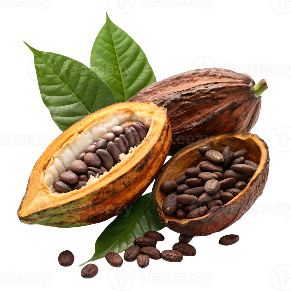 Fresh Cocoa Beans Harvest Open Pods, Seeds, and Green Leaves Transparent Background png