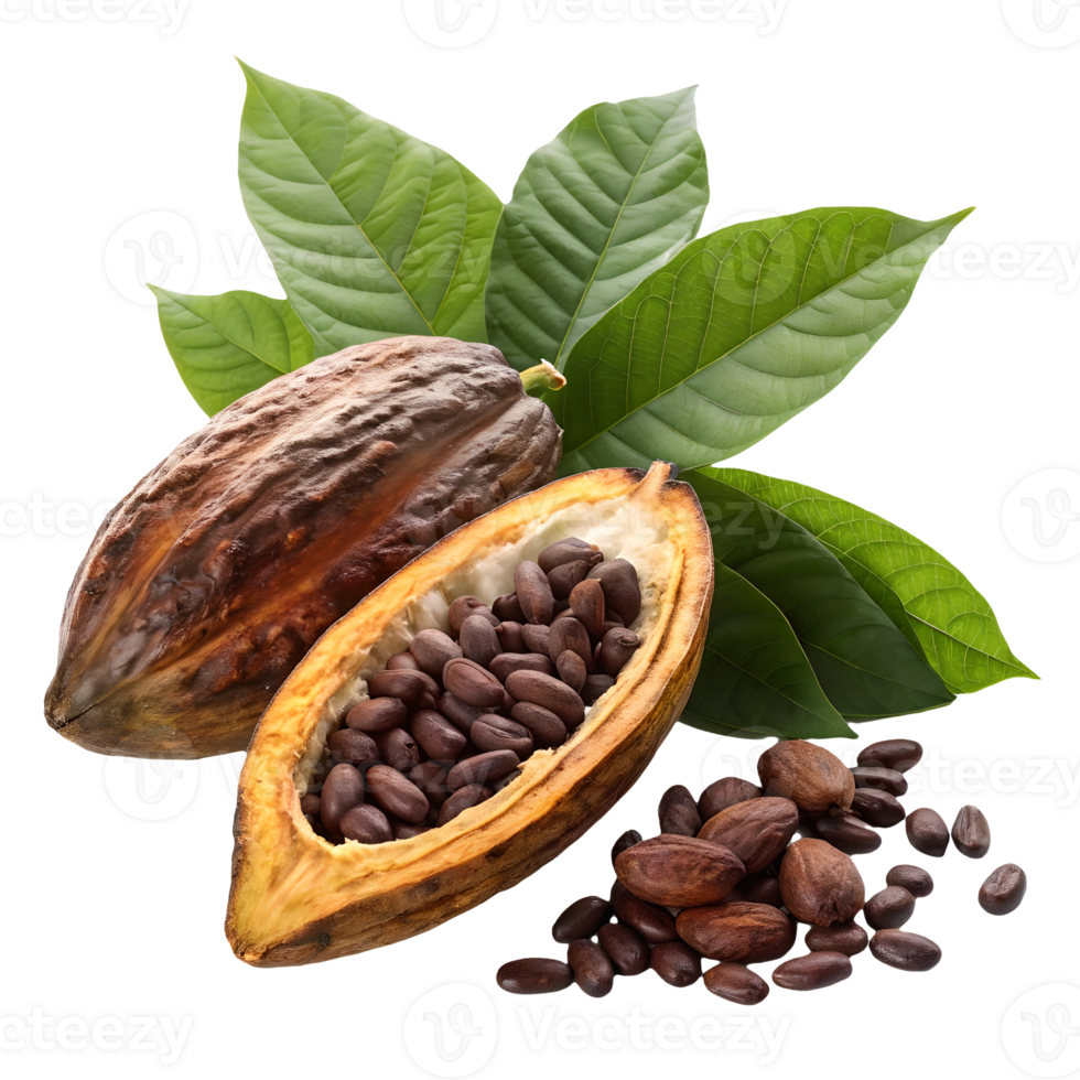 Fresh Cocoa Pods with Beans and Leaves , Cocoa Harvesting, Chocolate Ingredient, Natural Food Source Transparent Background png