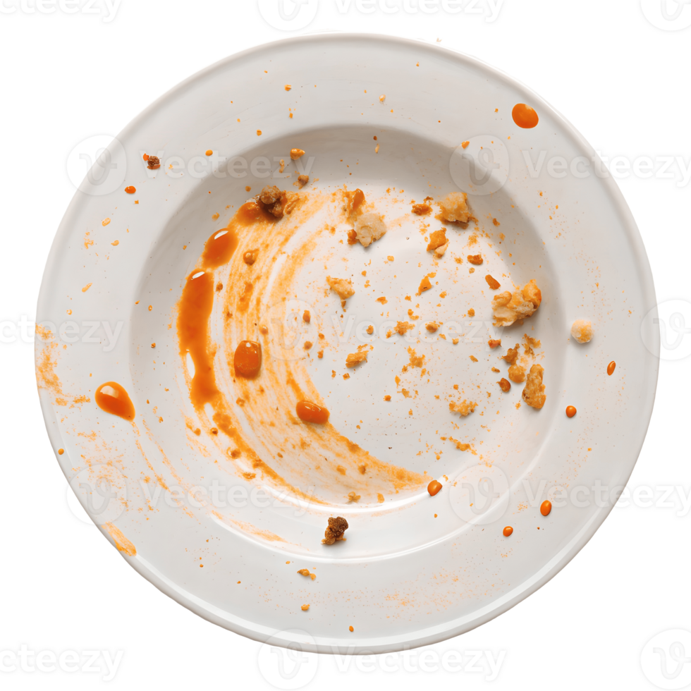 Empty Plate After Meal Scraps, Sauce, and Crumbs on White Dish, Food Waste, Post Dining Scene, Tableware, Overhead View Transparent Background png