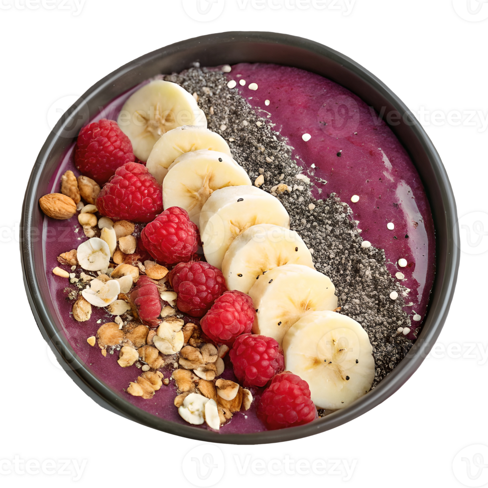 Healthy Acai Bowl with Banana, Raspberries, Chia Seeds, and Granola A Vibrant and Nutritious Breakfast Bowl Concept Transparent Background png