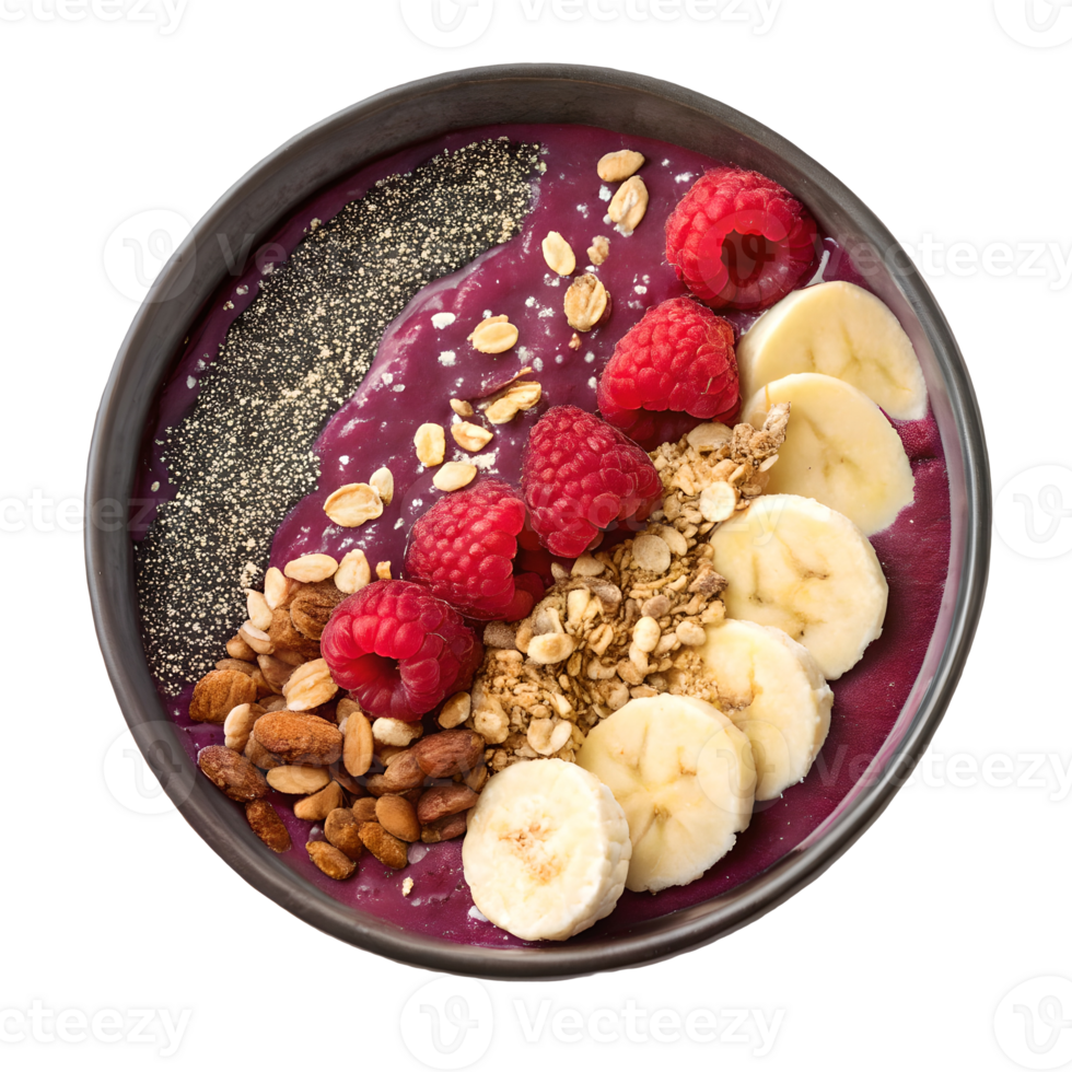 Vibrant Acai Bowl Delight Healthy Breakfast Bowl with Fresh Raspberries, Banana Slices, Seeds and Granola Toppings Transparent Background png