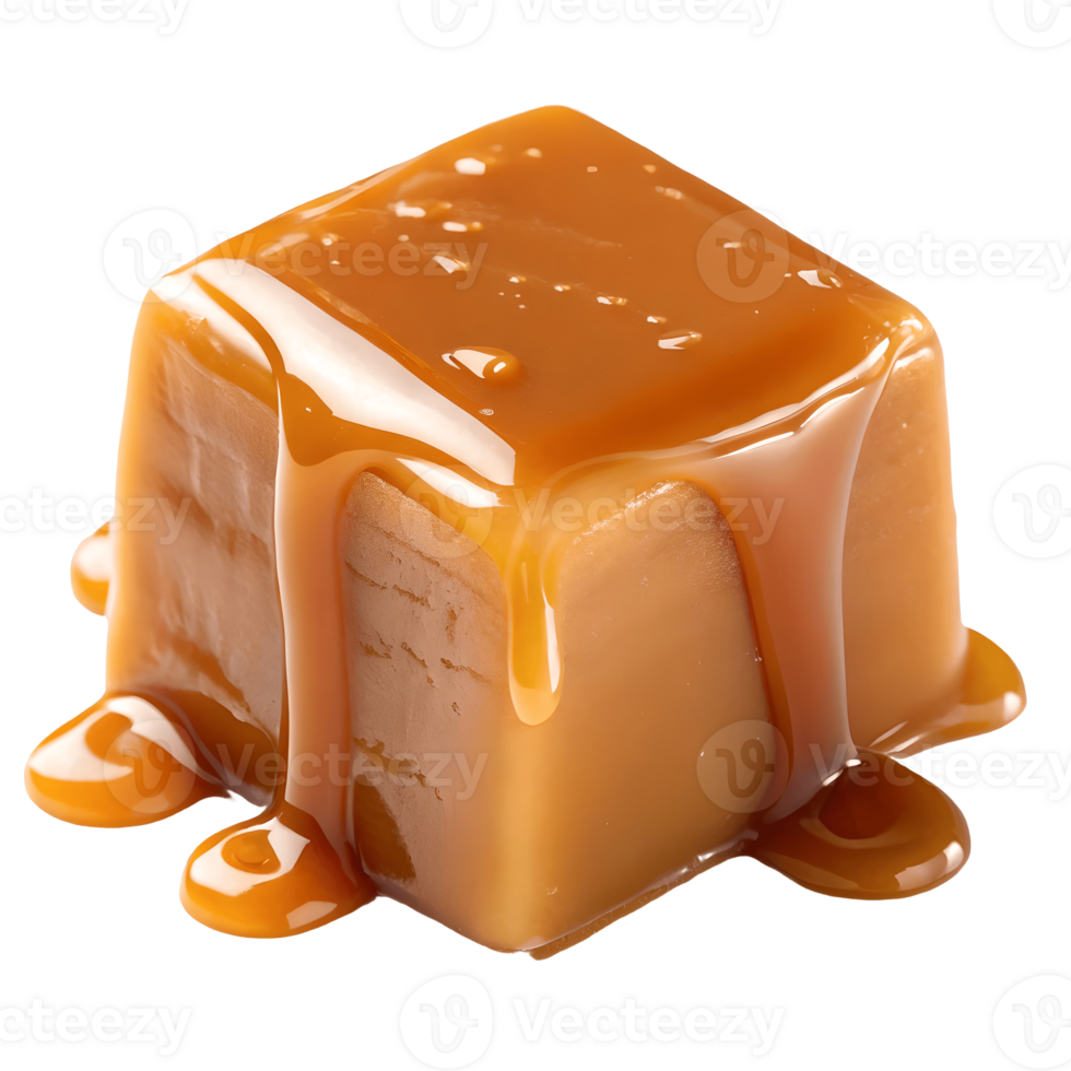 Decadent Caramel Cube Delight Glossy Toffee Candy with Dripping Caramel Sauce, Sweet Treat Indulgence Transparent Background png