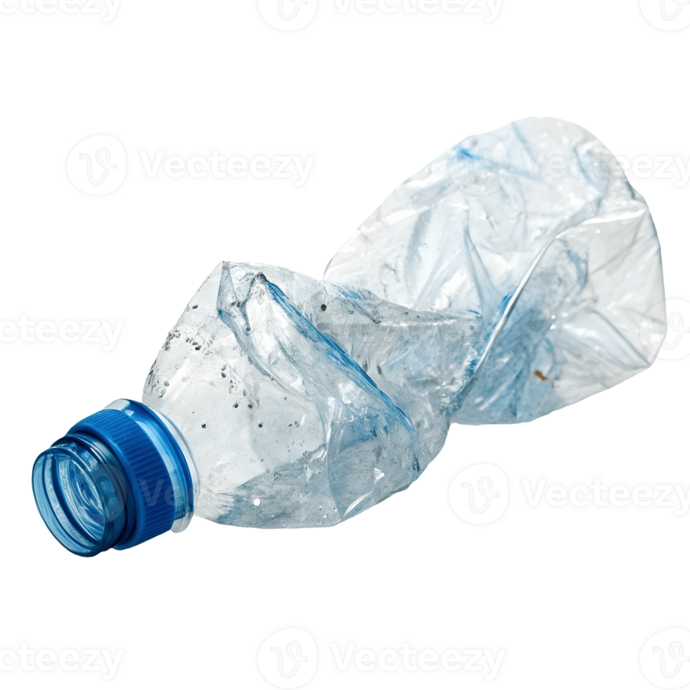 Crushed Plastic Water Bottle Environmental Pollution, Recycle Concept, Transparent Bottle, Blue Cap, Waste Management, Single Use Plastic, Transparent Background png