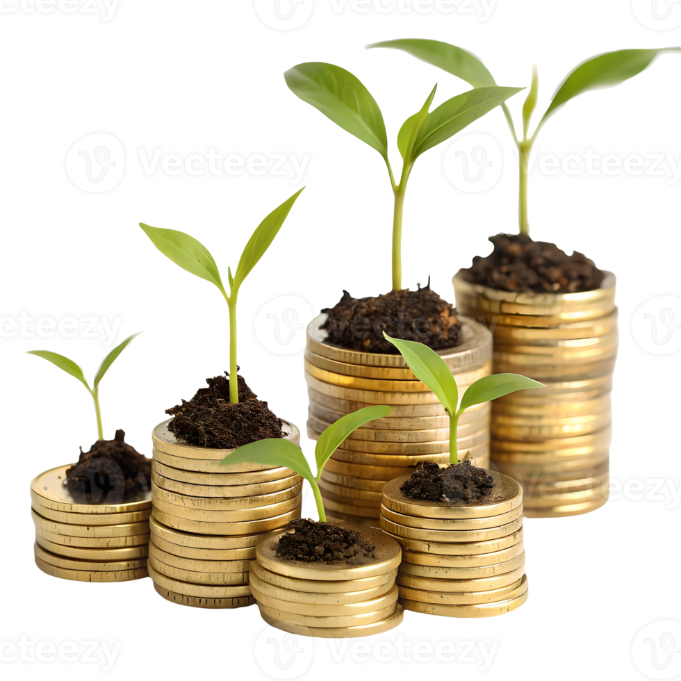 Growing Investment Seedlings Sprouting from Coin Stacks Symbolizing Financial Growth and Sustainable Investments Transparent Background png