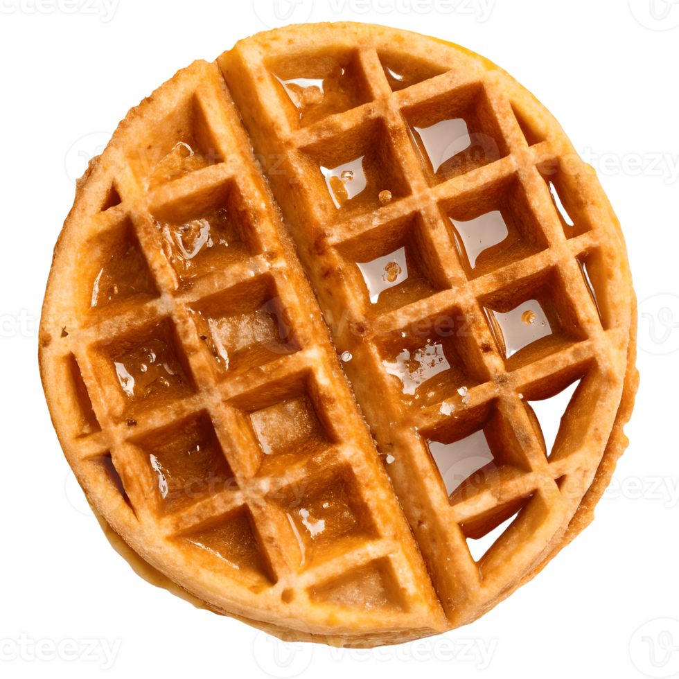 Golden Round Waffle Topped with Syrup, Breakfast Delight, Sweet Treat, Delicious Food, Isolated, Culinary Image, Close up Shot, Brunch Item Transparent Background png