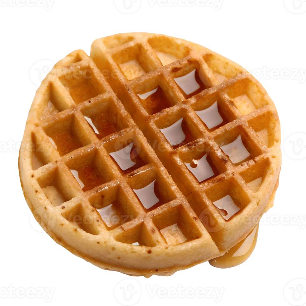 Round Waffle Delight with Syrup, Crispy Golden Texture, Breakfast Treat, Delicious Food Photography, Culinary Still Life, Comfort Food, Sweet Indulgence Transparent Background png