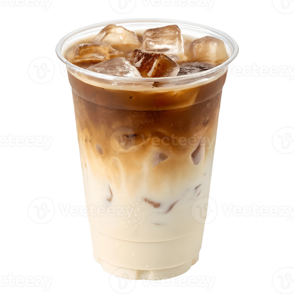 Iced Latte Coffee Delight Refreshing Cold Brew Beverage in Clear Plastic Cup with Ice Cubes, Creamy Texture, and Elegant Presentation Transparent Background png