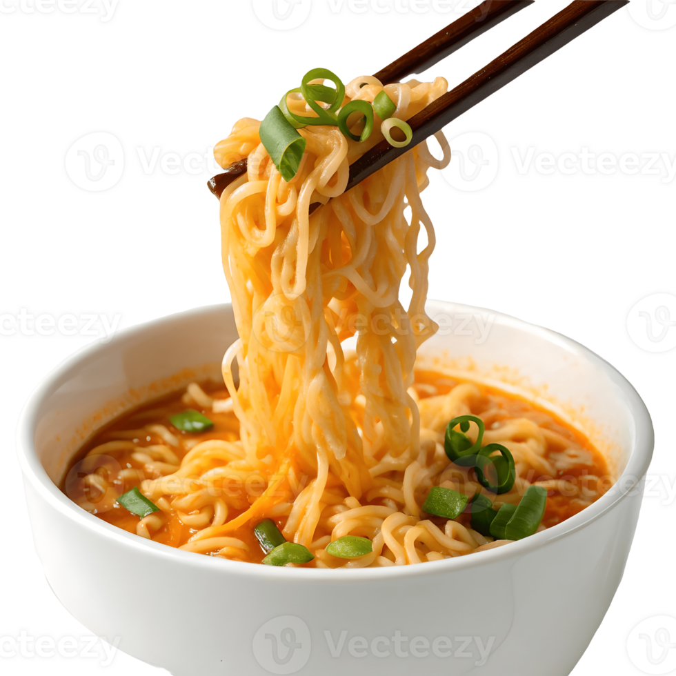 Steaming Bowl of Ramen Noodles with Chopsticks, Topped with Green Onions, Close up Delicious and Appetizing Food Photography, Asian Cuisine Transparent Background png