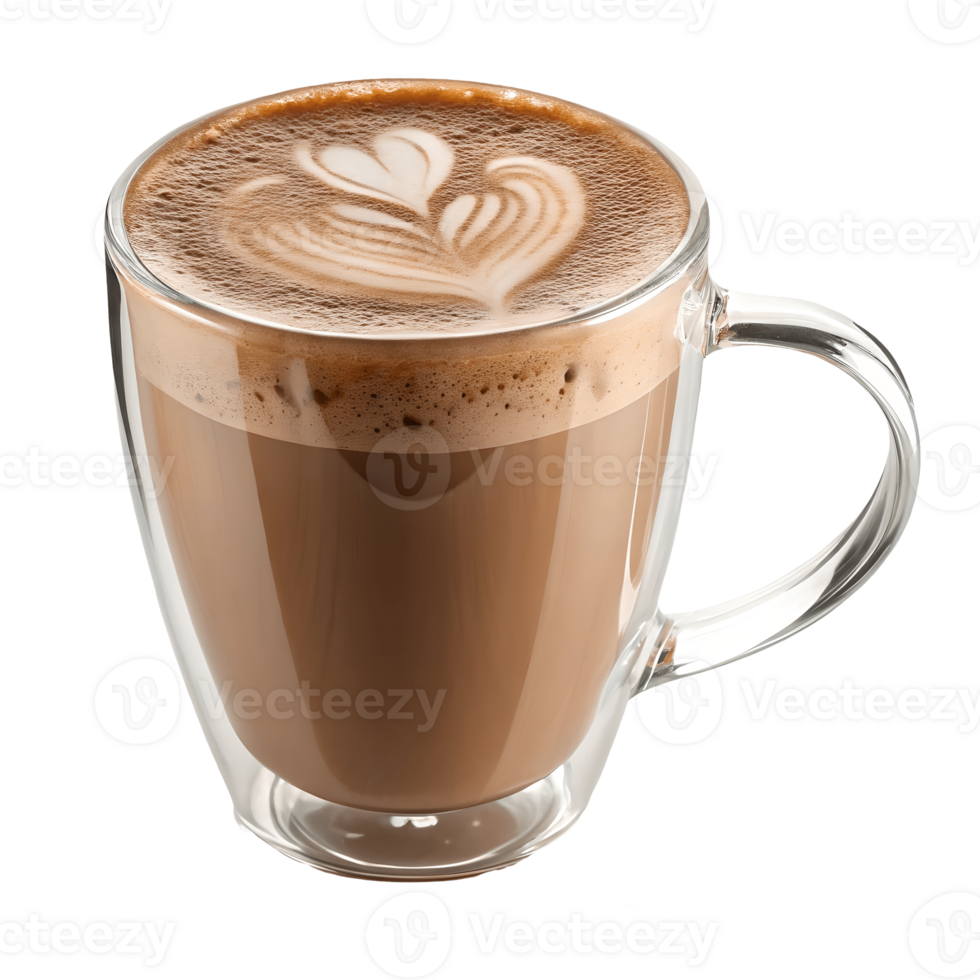 Exquisite Latte Art Double Walled Glass Mug with Heart Design on Creamy Coffee, Isolated Transparent Background png