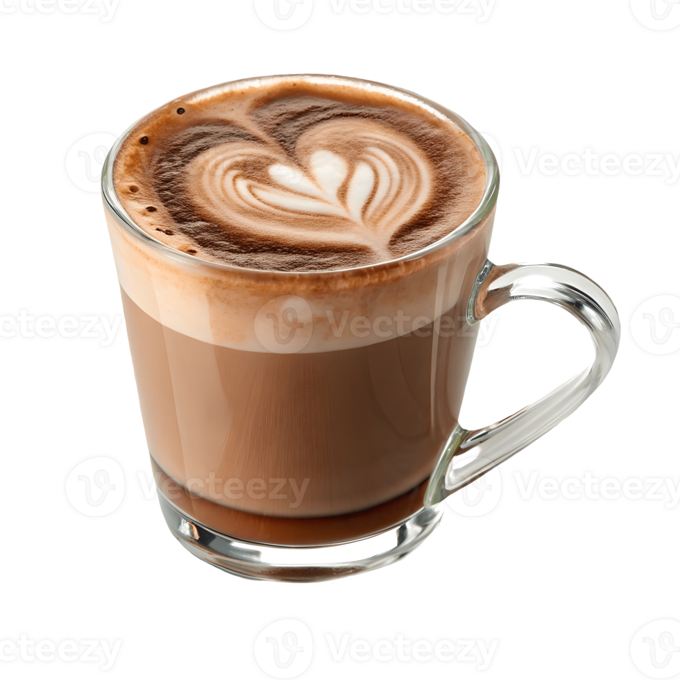 Heart Latte Art in Glass Mug, Warm Brown Coffee Drink, Perfect for Coffee Lovers, Cozy Morning Mood Transparent Background png