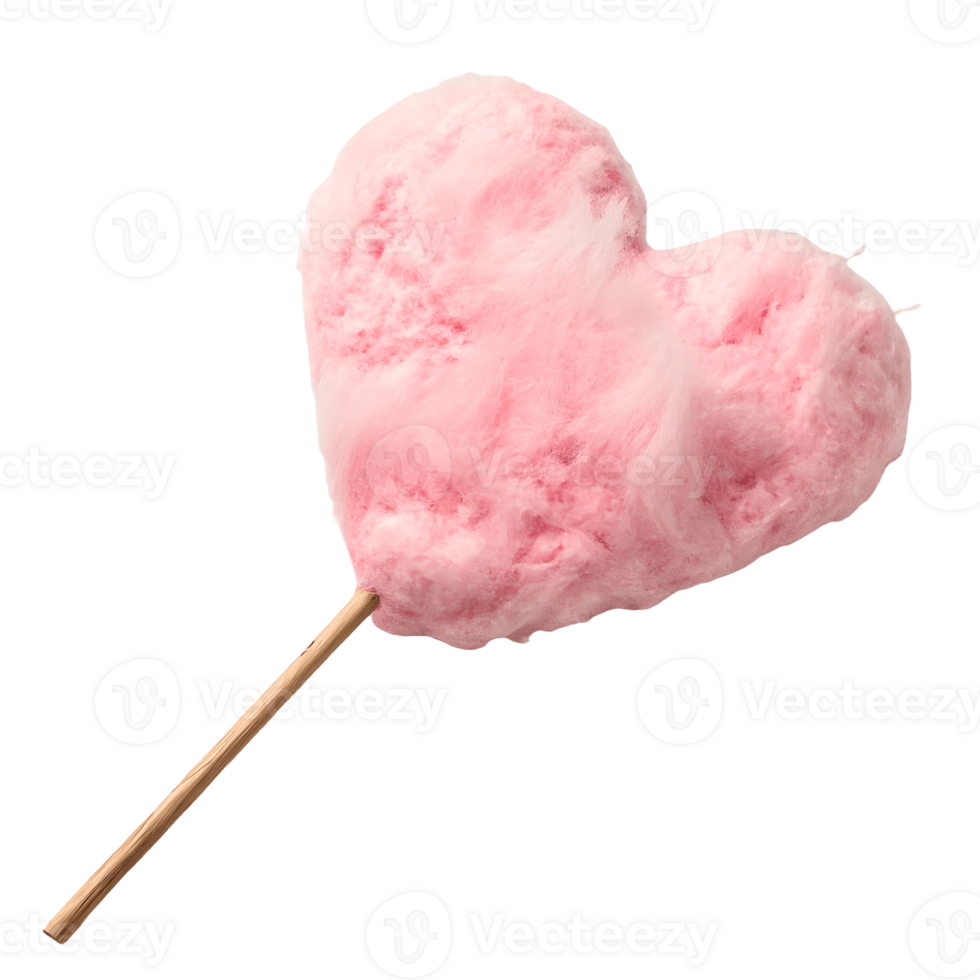 Pink Heart Shaped Cotton Candy on Stick, Sweet Treat Delight, Festive Fair Food, Romantic Dessert, Celebration Theme, Transparent Background png