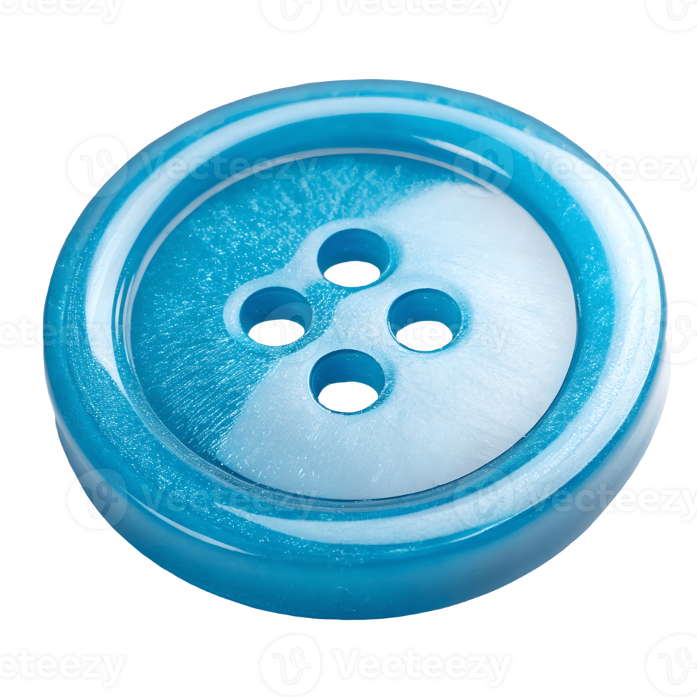 Close up of a Blue Four Hole Button, Sewing Accessory with Glossy Finish, Crafting Material, Isolated Object Transparent Background png