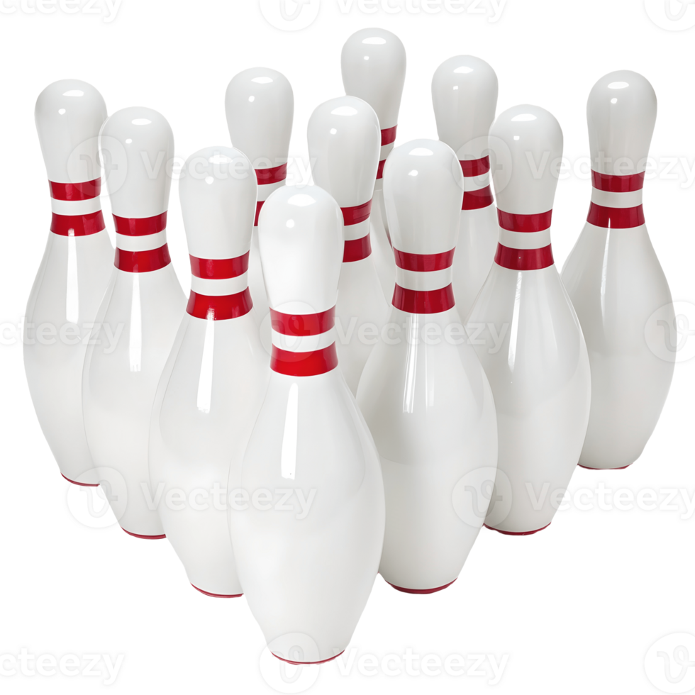 Bowling Pins Ready for Action A Perfect Strike Setup in White and Red, Indoor Recreation Transparent Background png