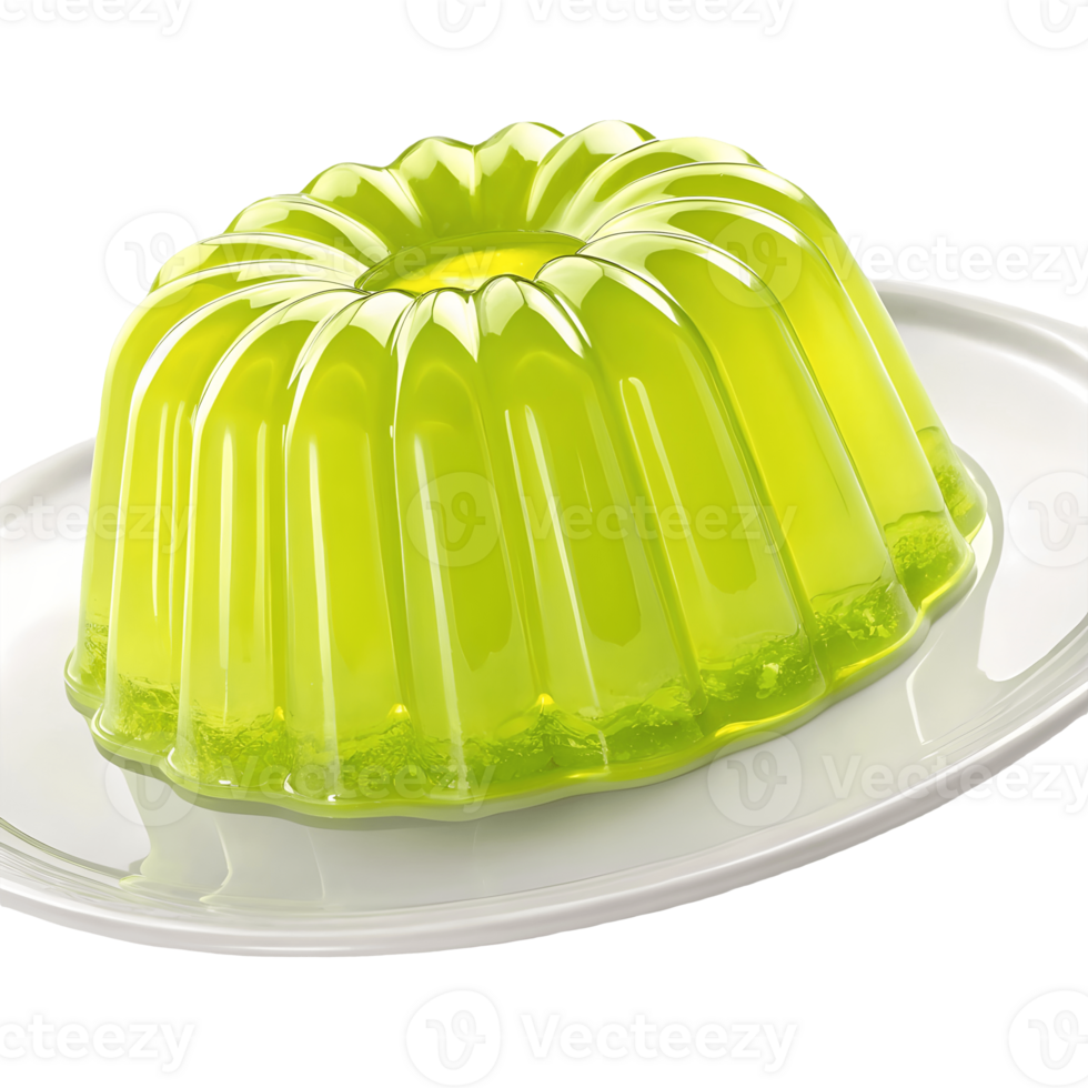 Shiny Green Jello Mold Dessert on White Plate, Retro Refreshment, Culinary Still Life, Sweet Treat, Light and Bright Transparent Background png