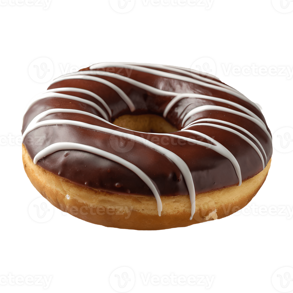 Delicious Chocolate Glazed Doughnut with White Icing Stripes , Bakery Sweet Treat, Pastry Food Delight Transparent Background png