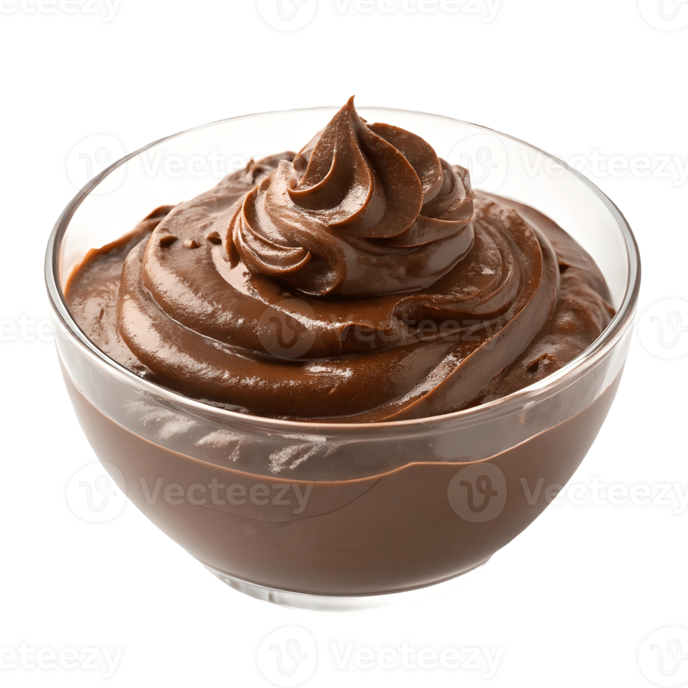 Creamy Chocolate Pudding Delight in Glass Bowl, Decadent Dessert Temptation, Isolated Sweet Treat, Rich Texture, Tempting Indulgence, Gourmet Food Photography Transparent Background png