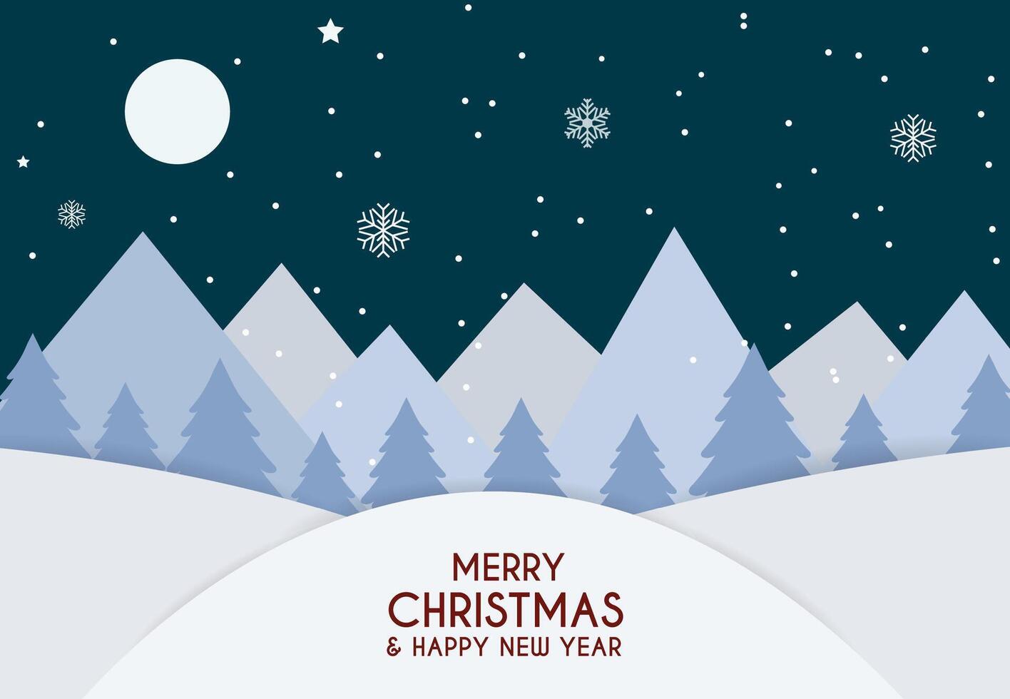 Christmas night scene with fir forest and mountains on moonlit snowy night. Merry Christmas and Happy New Year. vector