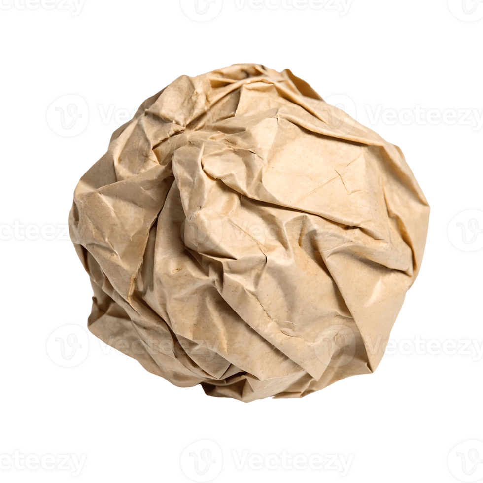 Crumpled Brown Paper Ball , Studio Shot, Imperfect Texture, Recycle Concept Transparent Background png