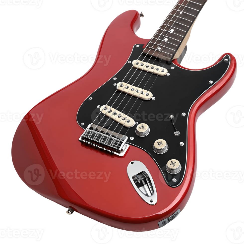 Red Electric Guitar Close Up, Studio Shot, Musical Instrument, Rock and Roll Vibe, Bright Lighting, Music Equipment, Performance Ready Transparent Background png