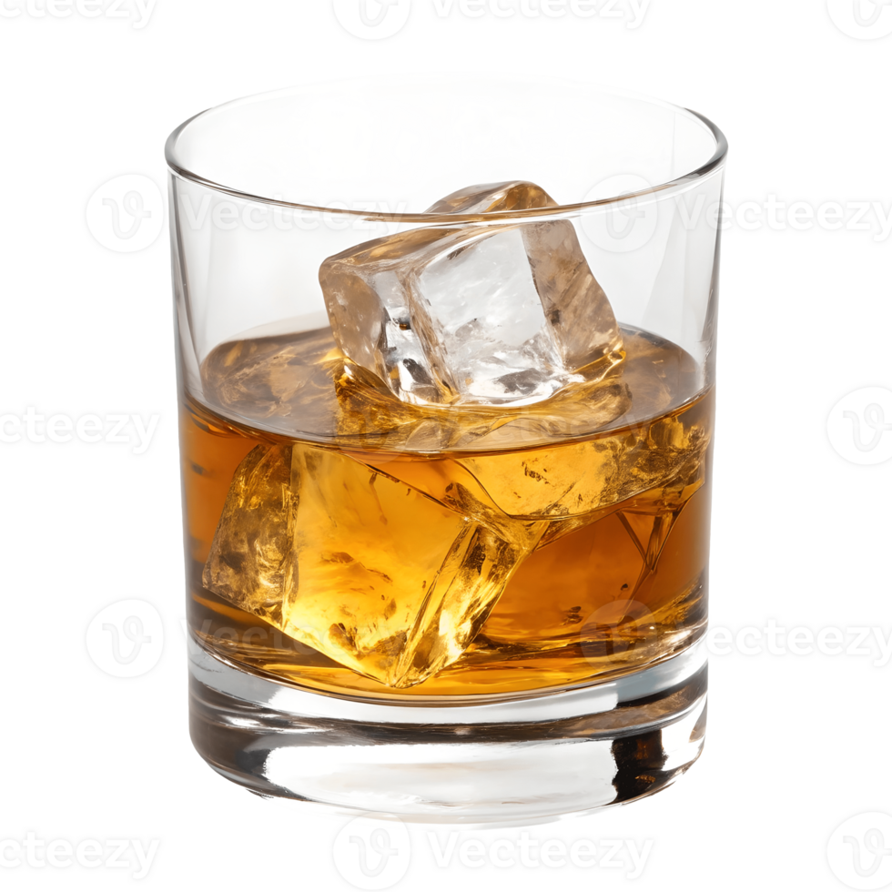 Whiskey on the Rocks in Glass Tumbler, Amber Drink with Ice Cubes, Bar Scene, Alcoholic Beverage, Refreshment Transparent Background png