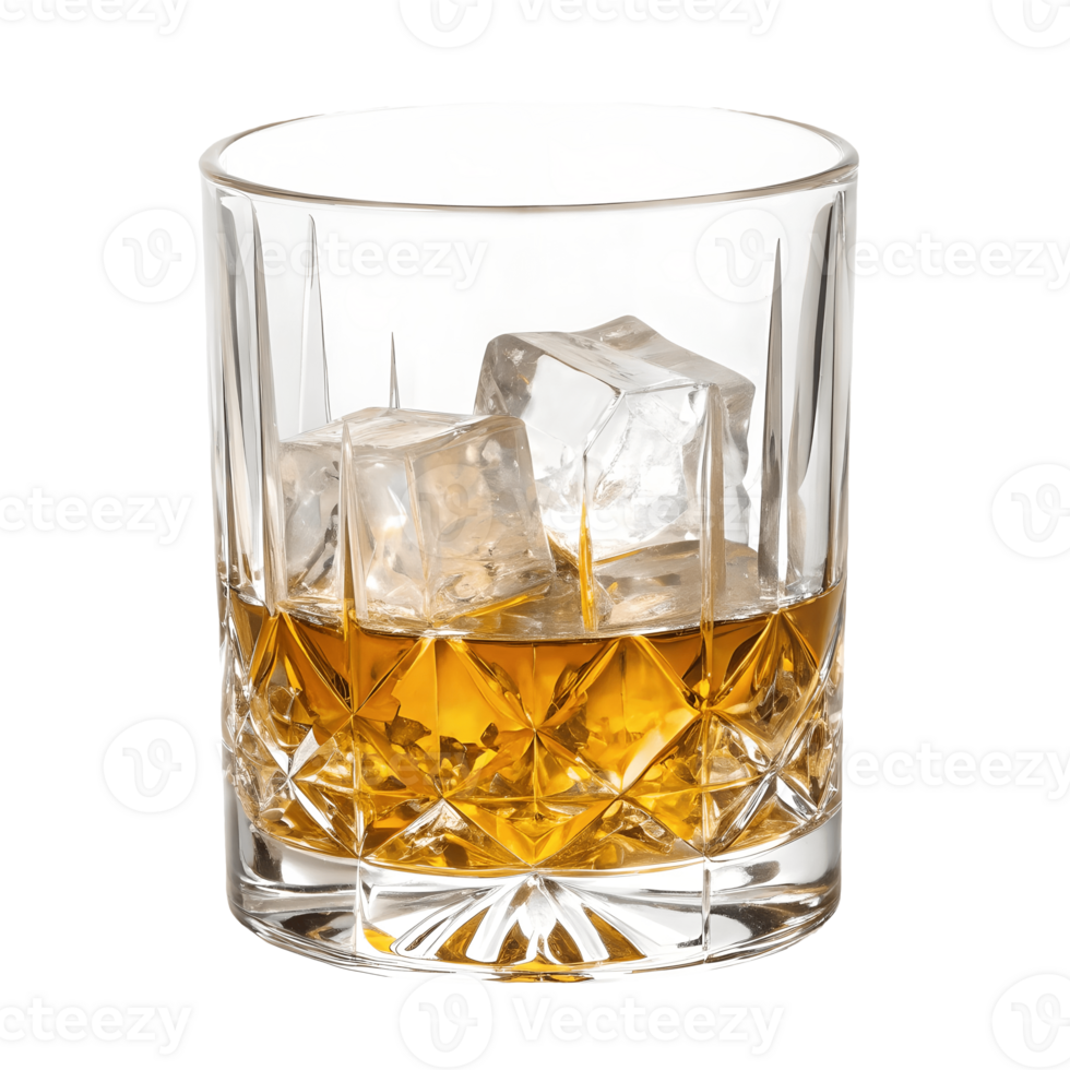 Whiskey on the Rocks Golden Liquor in Crystal Glass with Ice Cubes, an alcoholic drink, served cold, refreshing, clear ice, elegant, bar setting, on Transparent Background png