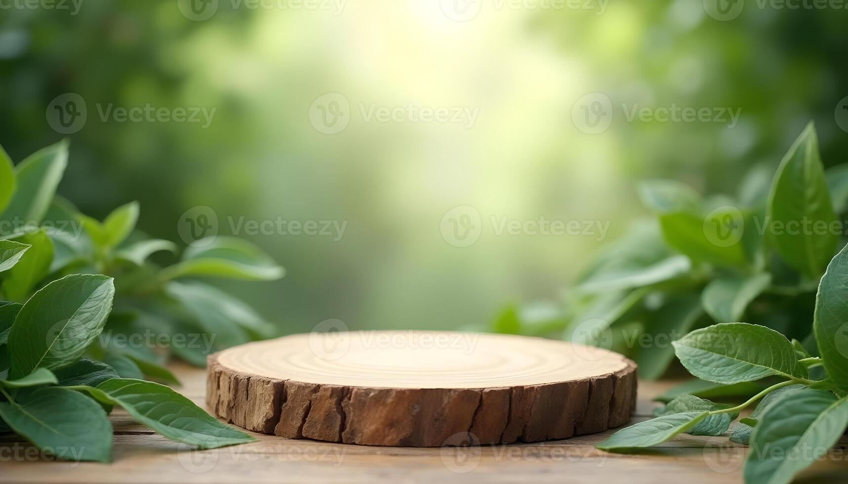 Natural Wood Pedestal in Bright Outdoor Setting for Product Presentation photo