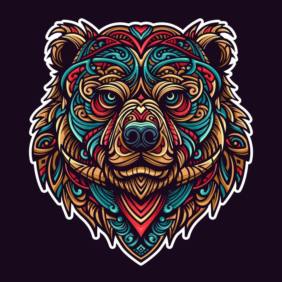 Psychedelic bear head design with vibrant colors and intricate patterns, perfect for posters, apparel, tattoos, and digital art. vector