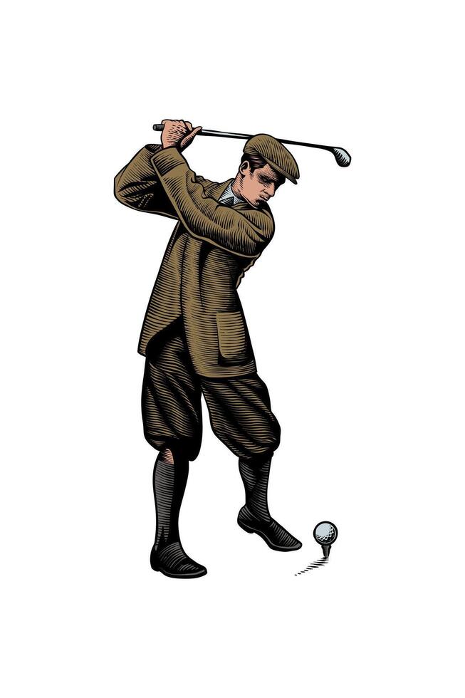 illustration of a golfer hitting a ball, in a vintage hand-drawn style vector