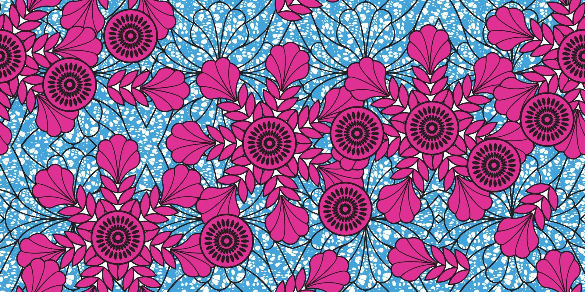 African ethnic traditional blue. seamless beautiful Kitenge pattern, chitenge, dutch wax style. fashion design in colorful. pink botanical abstract motif. pink floral Ankara prints,African wax prints. vector