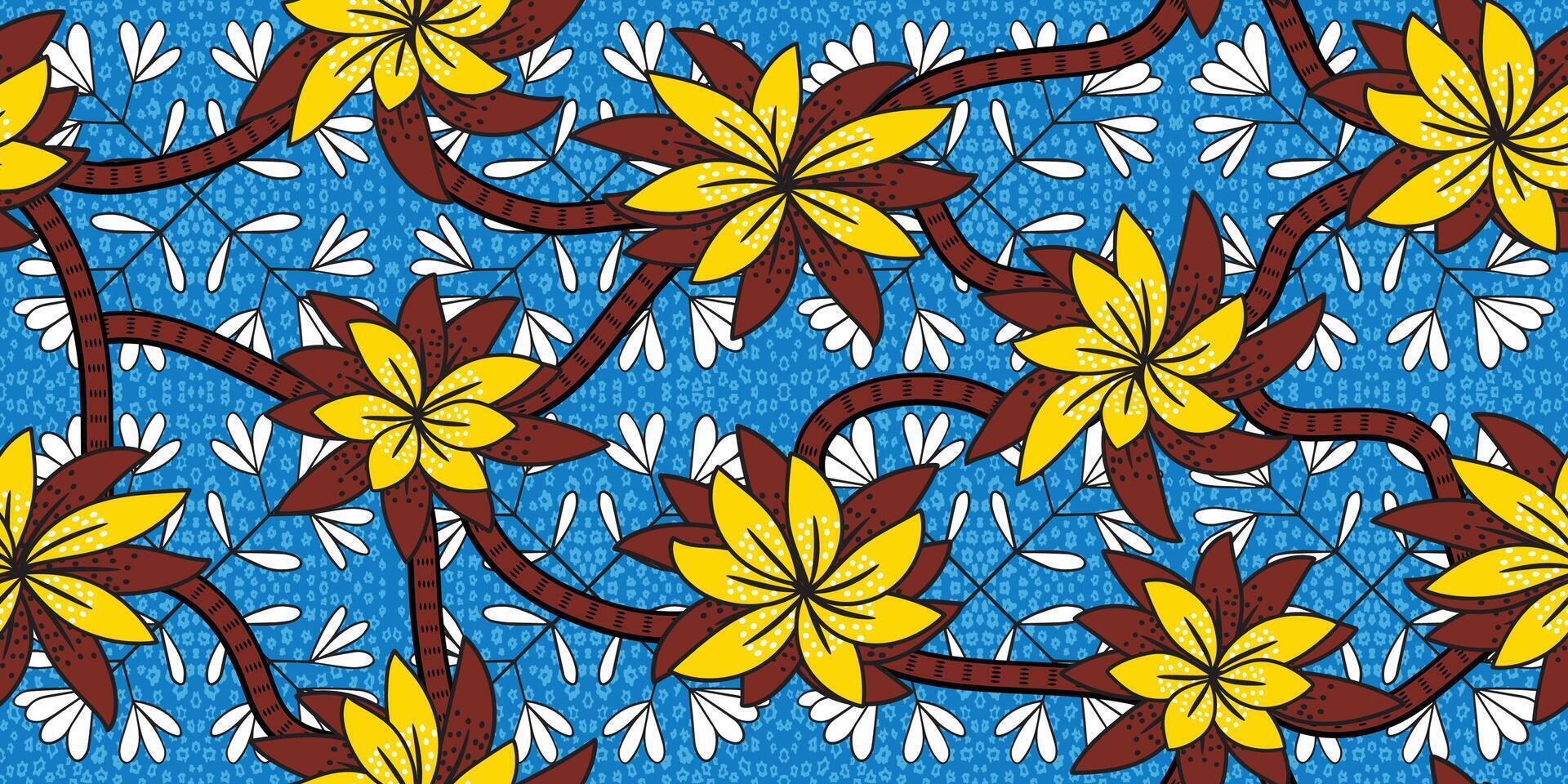 African ethnic traditional blue. seamless beautiful Kitenge, chitenge, dutch wax style. fashion design in colorful. yellow botanical abstract motif. yellow floral Ankara prints, African wax prints. vector