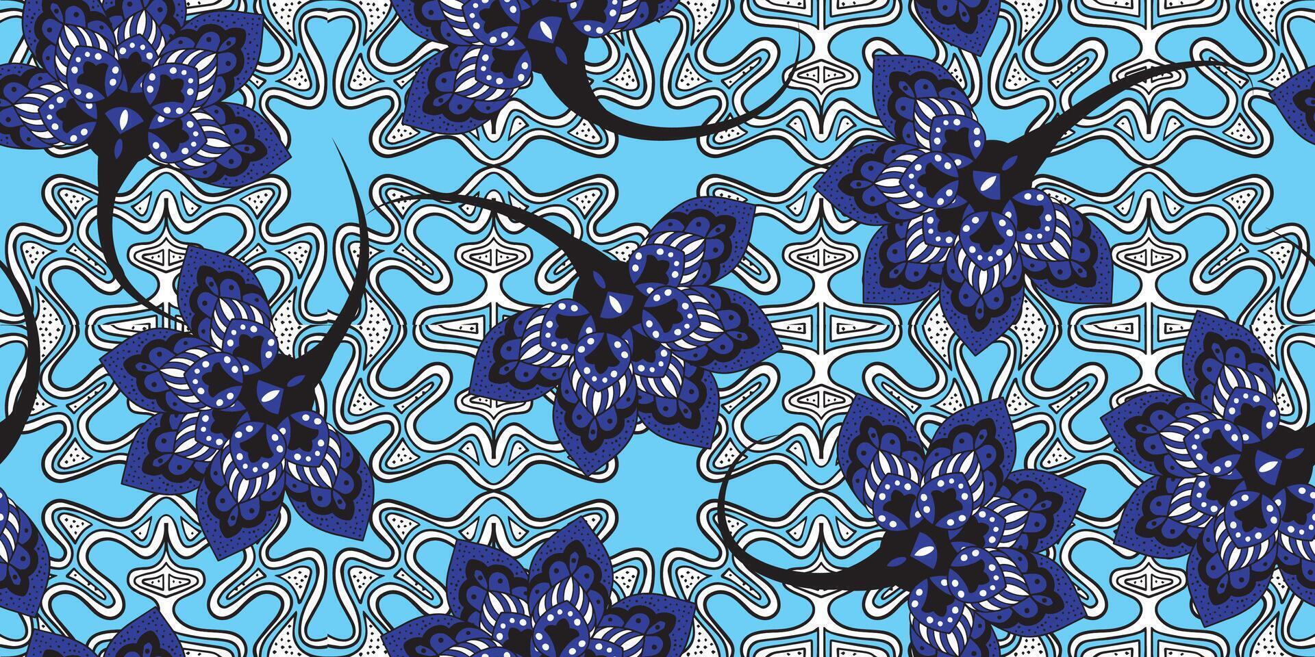 African ethnic traditional, Blue pattern. seamless beautiful Kitenge, chitenge, dutch wax style. fashion design in colorful. botanical abstract motif. blue floral Ankara prints, African wax prints. vector