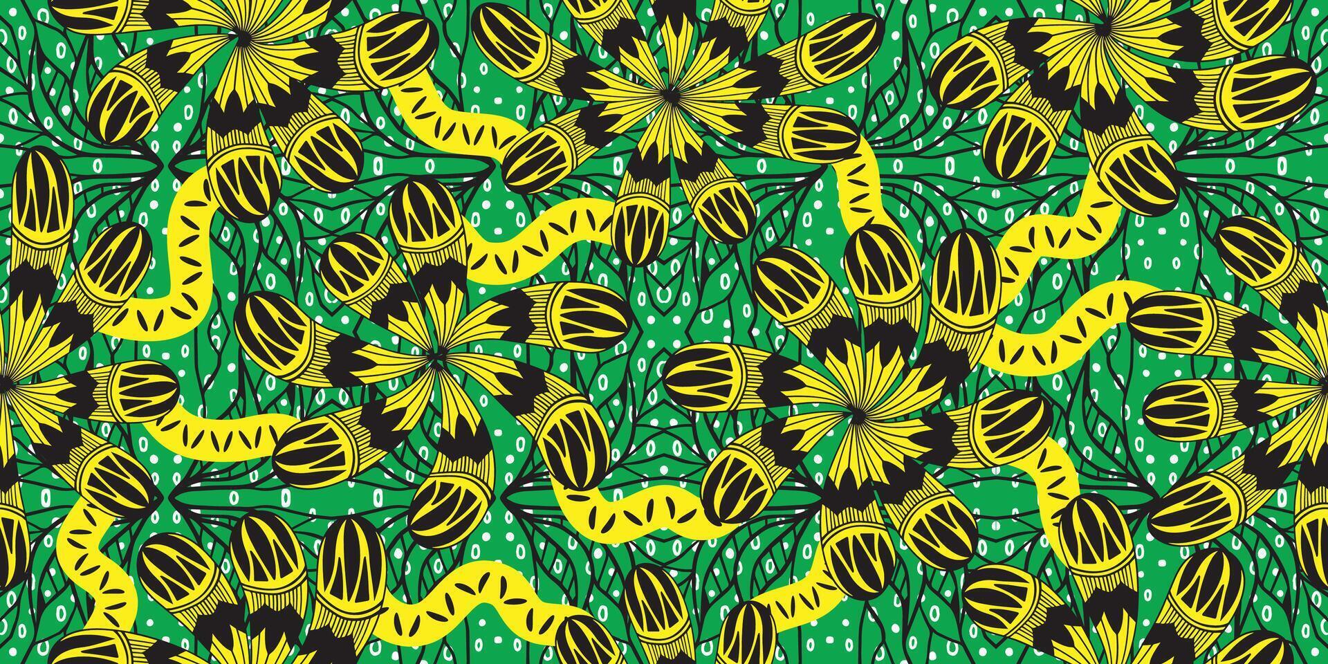 African pattern. ethnic traditional green pattern. seamless beautiful Kitenge, chitenge, Ankara style. fashion design. Geometric floral abstract motif. Yellow Floral Ankara prints,African wax prints vector