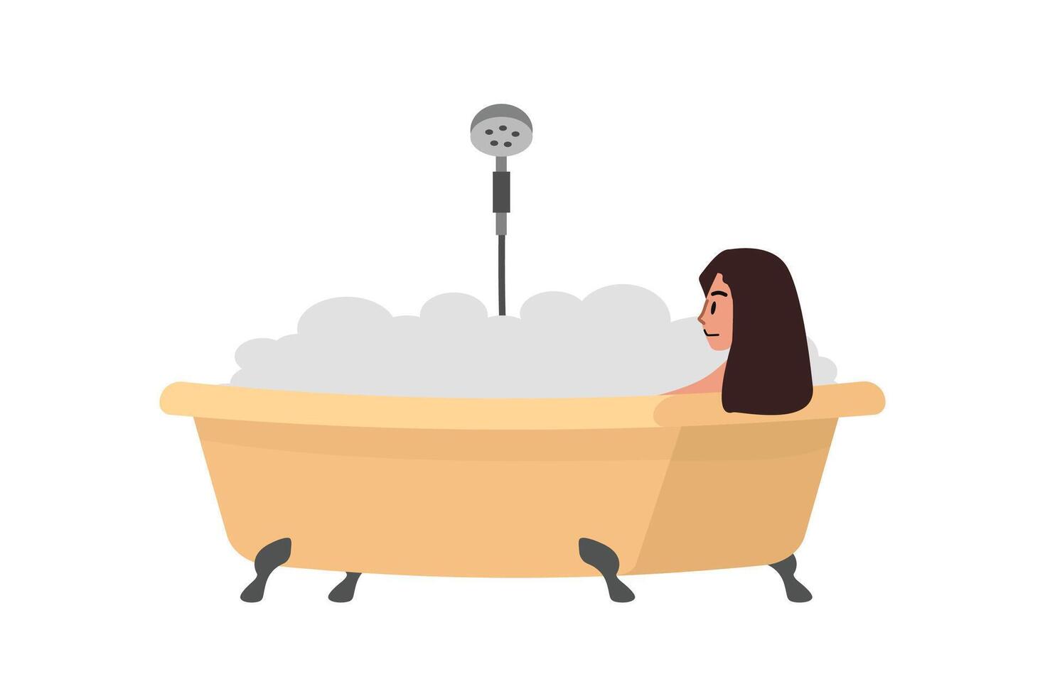 Girl showering with playing bubble bath. Bathroom activity. Bathe. Flat illustration people take a bath. vector