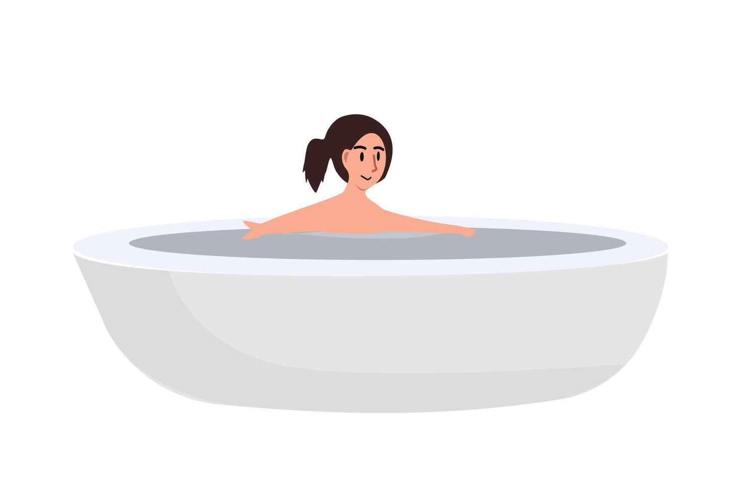 Woman take a bath. Girl showering. People on the bathtub. vector
