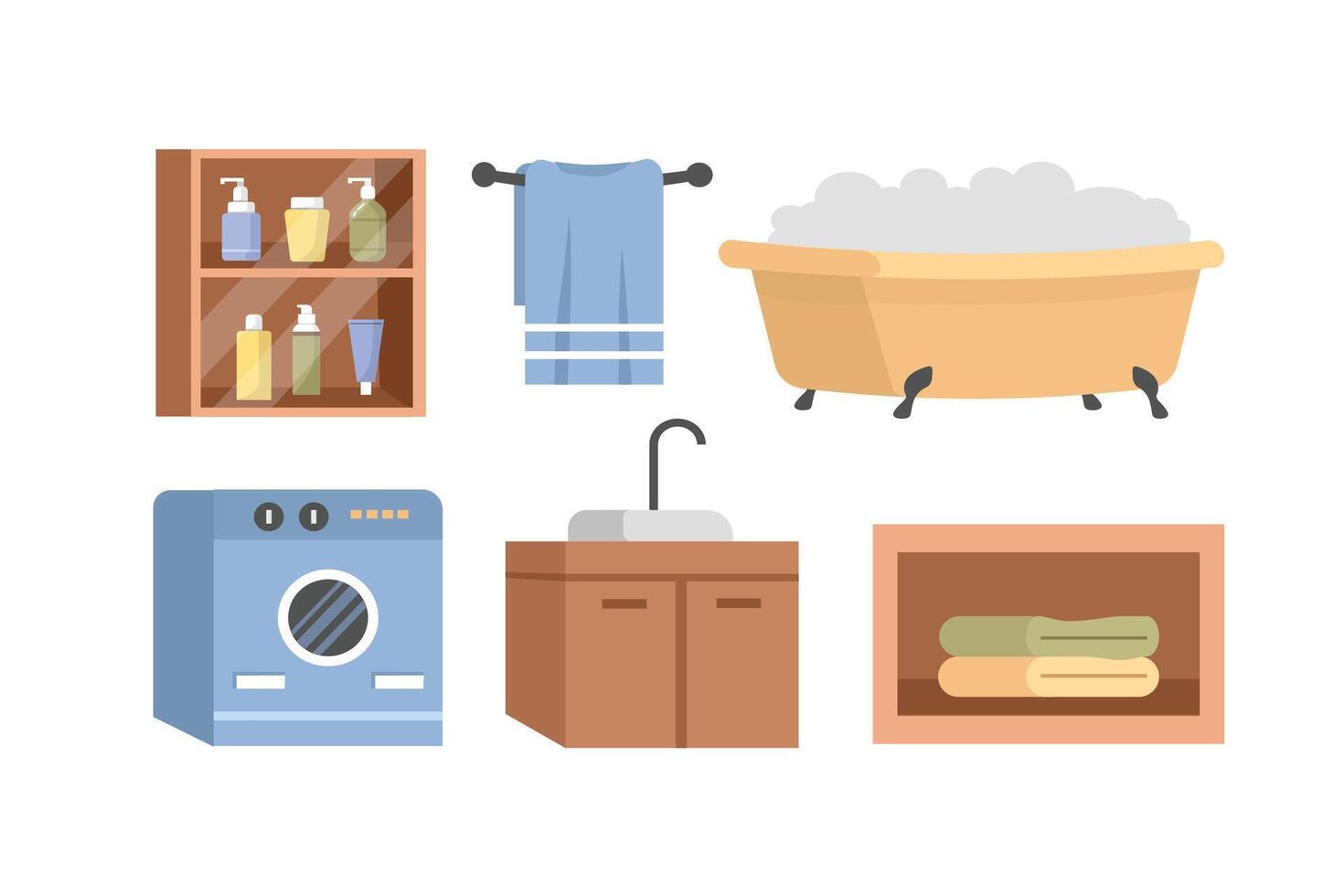Bubble bathtub. Bathroom set clipart. Washing machine. Toilet equipment collection. Sink. vector
