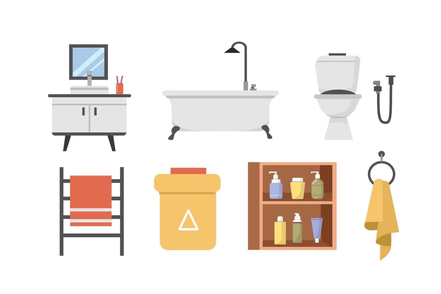 Apartment bathroom facilities. Bathroom set clip art. Flat design bathroom object. Closet and bathtub. Towel. Soap rack. vector