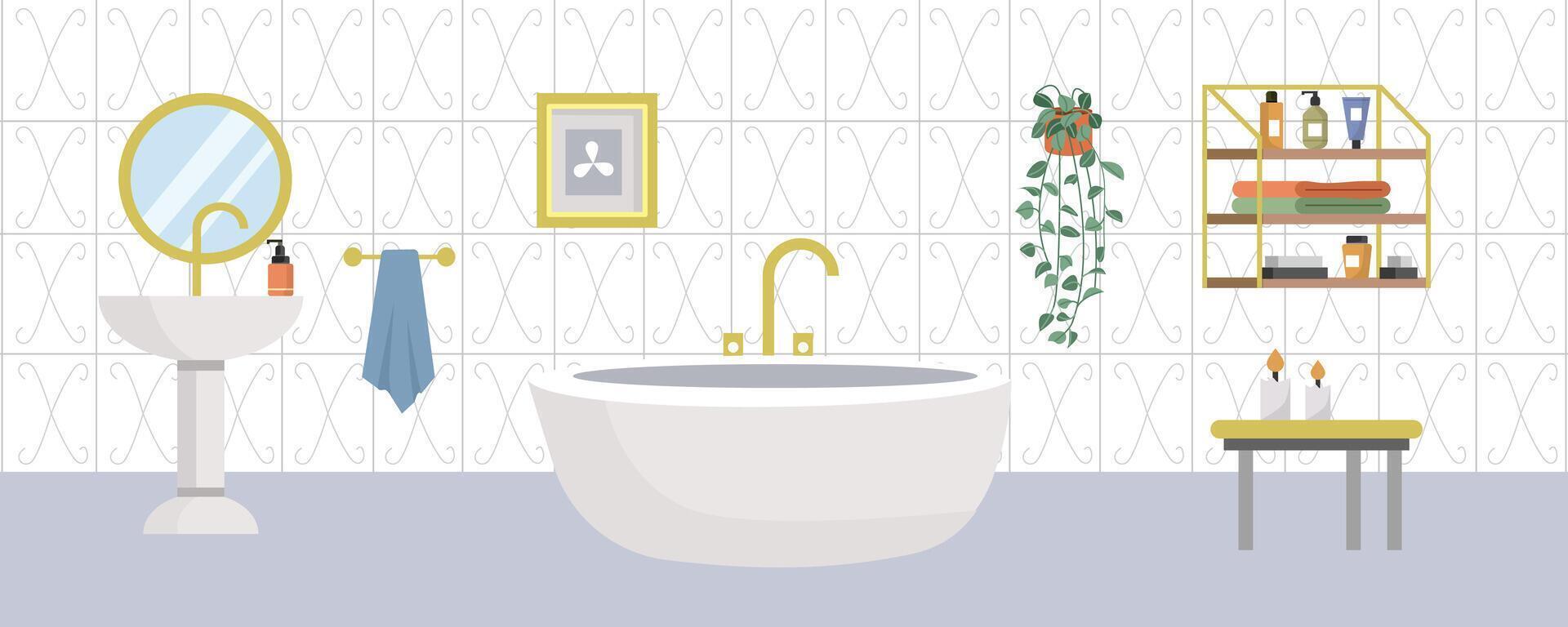 Luxury bathroom illustration. Modern bathroom. Washbowl design. Faucet. Home plant. Cozy bathroom. Soap shelf. Hanging towel. Toilet. Restroom. vector