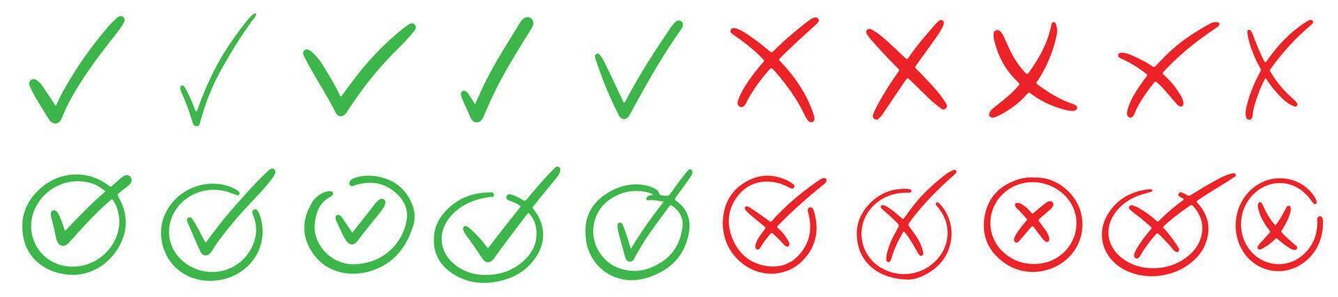 Check tick marks doodle set. Vote, yes, no, checkbox, checklist, tick and cross signs, v and x drawn concept. Hand drawn doodle sketch style illustration, vector