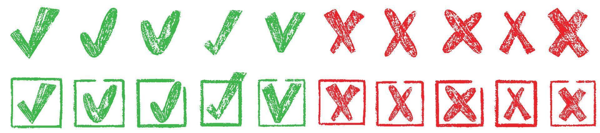 Check tick marks doodle set. Vote, yes, no, checkbox, checklist, tick and cross signs, v and x drawn concept. Hand drawn doodle crayon sketch style illustration vector
