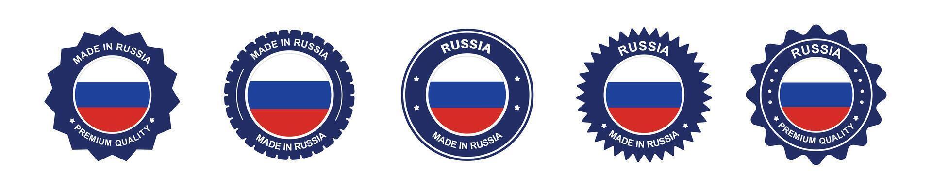 russia product label set. russia flag, premium made in russia . Labels, seals, stamps, flags, icons vector