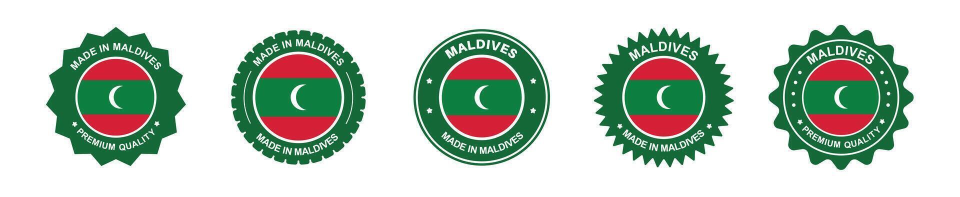 maldives product labels set. maldives flag, premium made in maldives . Labels, seals, stamps, flags, icons vector