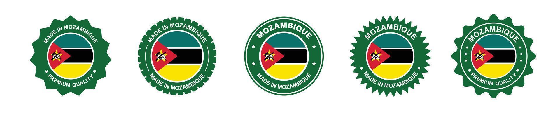 mozambique product labels set. mozambique flag, premium made in mozambique . Labels, seals, stamps, flags, icons vector