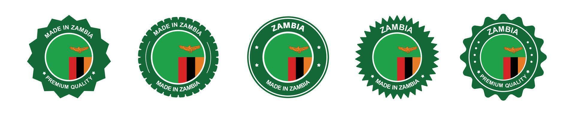 zambia product labels set. zambia flag, premium made in zambia . Labels, seals, stamps, flags, icons vector