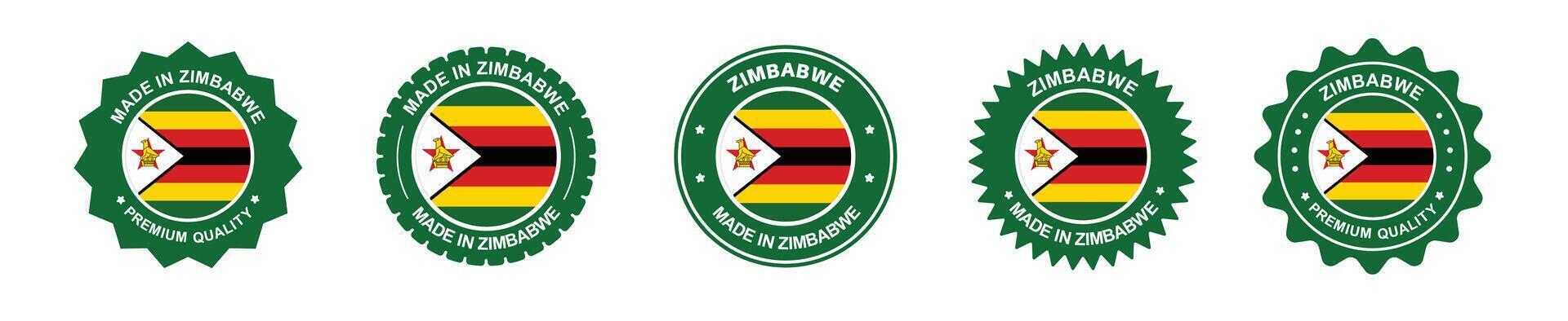 zimbabwe product labels set. zimbabwe flag, premium made in zimbabwe . Labels, seals, stamps, flags, icons vector