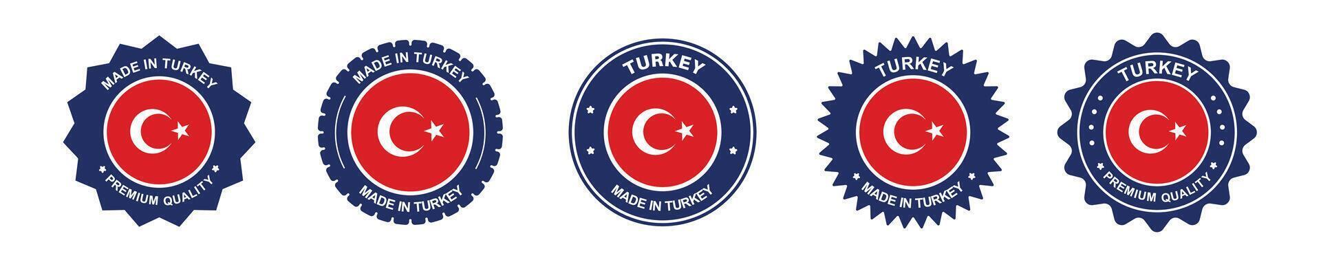 turkey product label set. turkey flag, premium made in turkey . Labels, seals, stamps, flags, icons vector
