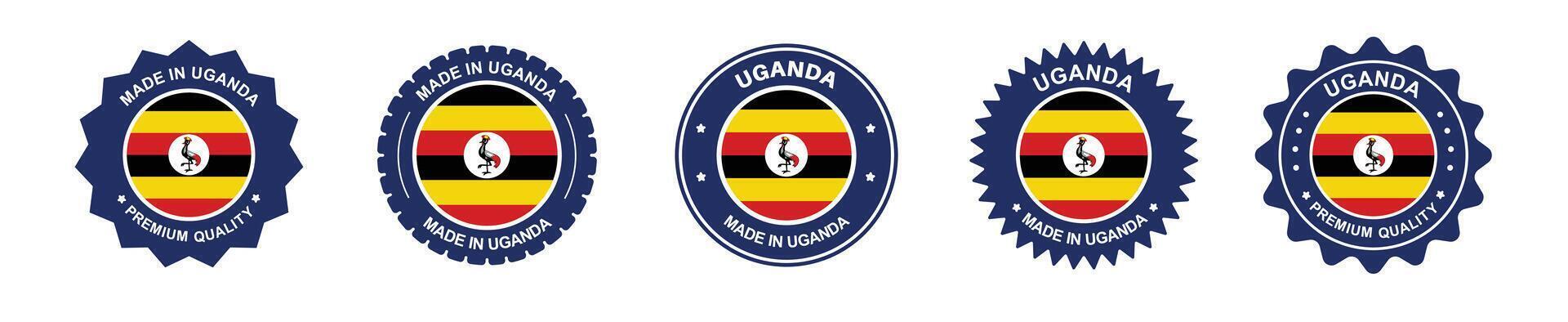 uganda product labels set. Uganda flag, premium made in Uganda. Labels, seals, stamps, flags, icons vector
