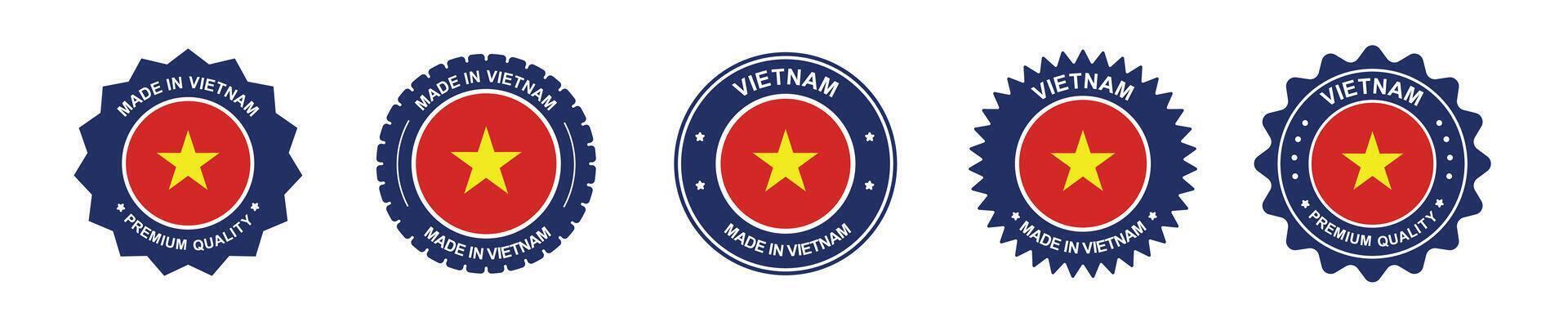 Vietnam product labels set. Vietnam flag, premium made in Vietnam. Labels, seals, stamps, flags, icons vector