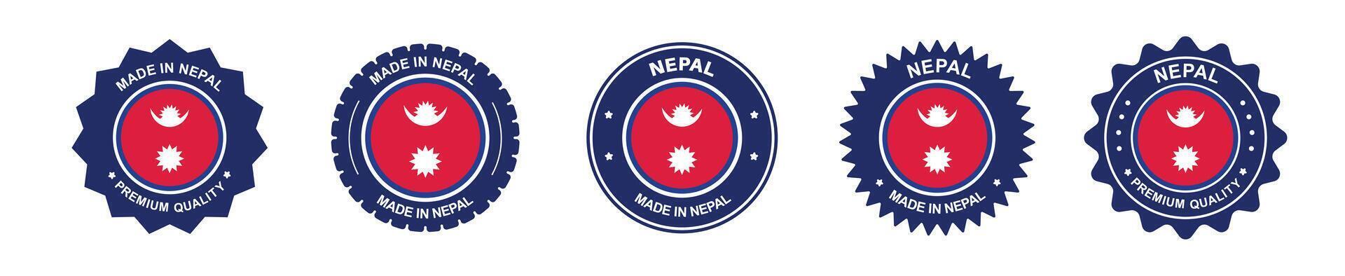 nepal product label set. Nepal flag, premium made in Nepal. Labels, seals, stamps, flags, icons vector
